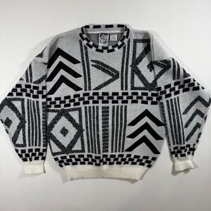 Vintage Geometric Knit Sweater White Black Purple Leather L 90s Y2K Grandpacore
